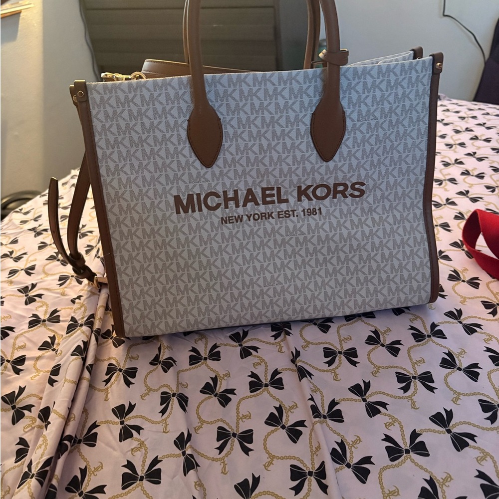 Michael Kors White and Brown Tote Bag